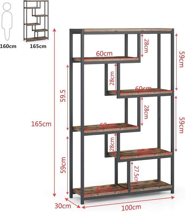 Tribesigns Bibliothèque, Étagère de Rangement à 5 Niveaux, Meuble de Rangement, Bibliothèque Industrielle Metal Bois, pour Salon, Chambre, Bureau (Brun Rustique)