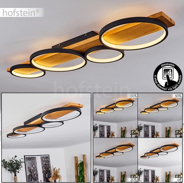 Plafonnier LED Rodekro, plafonnier à intensité variable en métal/bois noir/naturel, à intensité variable, luminaire avec poutre en bois, 1 x LED 44 watts, 3000 K, 5100 lumens