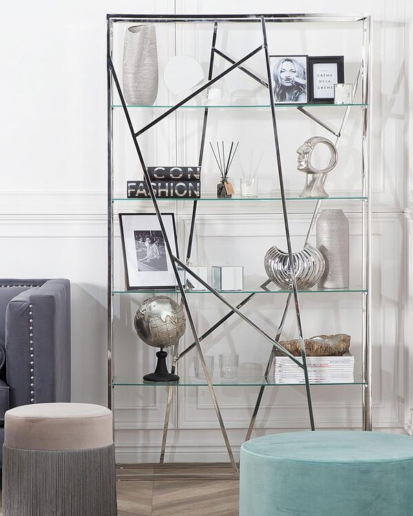 Etagère Chic et Design en Acier Argenté et Verre Transparent Hoxie