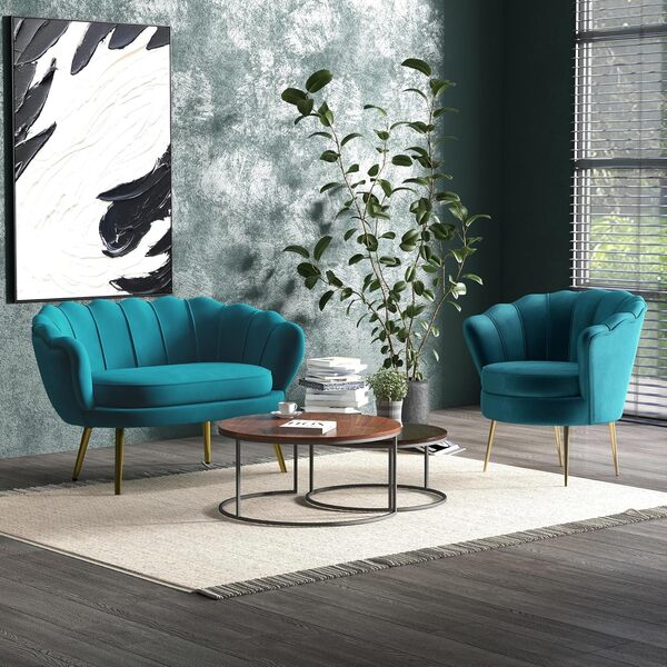 HOMCOM Canapé 2 Places en Tissu Velours, Petit canapé, en Forme de Coquillage, avec Coussin épais de 10 cm, canapé, Structure en métal, Pieds dorés effilés, Facile à Assembler, Bleu Canard