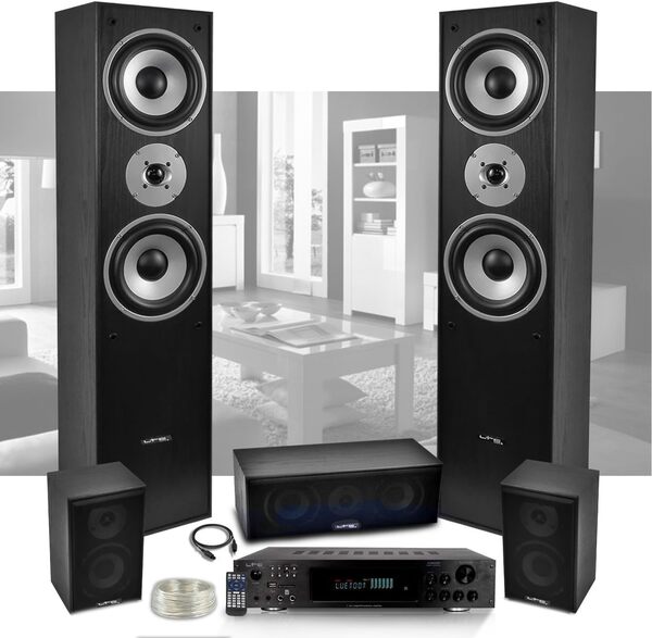 Ensemble Home-Cinéma 5 Enceintes LTC E1004 Noire 850W - Ampli ATM8000 Karaoke - USB/BT/Radio FM 4x75W -3 x20W - Câble