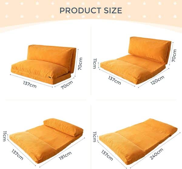 MAXYOYO Pouf pliable en velours côtelé avec rembourrage en mousse, extra épais, 4 couches, matelas/canapé de sol pour adultes, housse amovible et lavable en machine, pour salon, orange, 135 x 240 cm