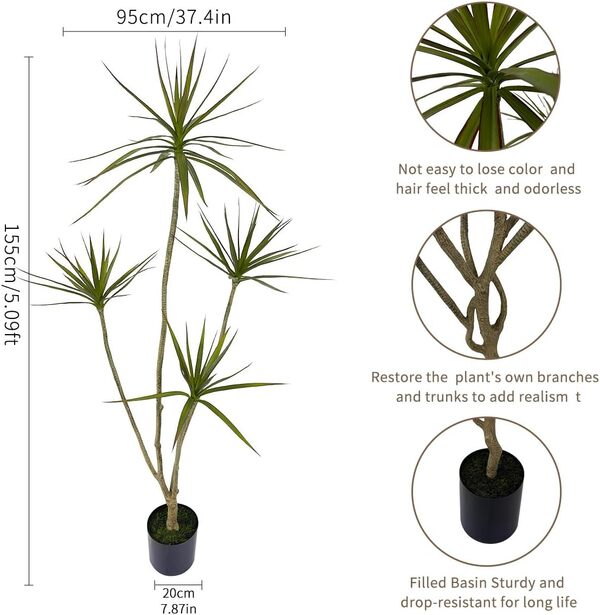 AfanD Dracaena marginata artificiel de 1,5 m de haut - Plantes artificielles pour intérieur, bureau, maison, salon, sol, terrasse, porche, décoration