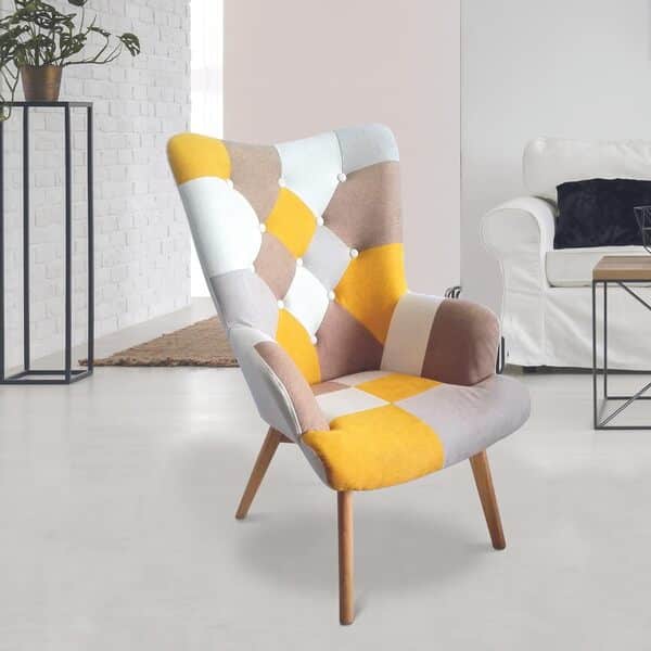 HOME DECO FACTORY, Fauteuil Style Scandinave pour Salon, Tissu Patchwork, Pieds Inclinés en Hévéa, Formes arrondies, Assise Moelleuse, Capitonné, Dossier Haut, Jaune, 68x99 x74 cm
