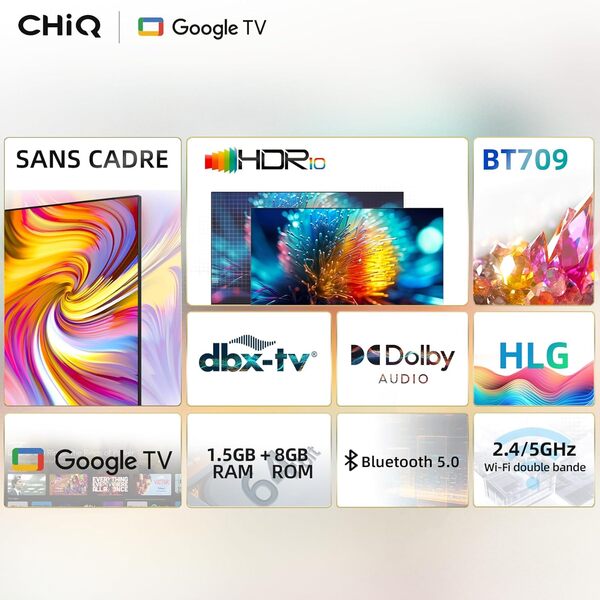 CHIQ L32H7G 32 Pouces TV Smart TV HD LED Design sans Cadre HDR Google TV Google Assistant, Google Play Chromecast intégré Dolby Audio,WiFi Bluetooth HDMI USB2.0 CI+ 2023 [Classe énergétique F]