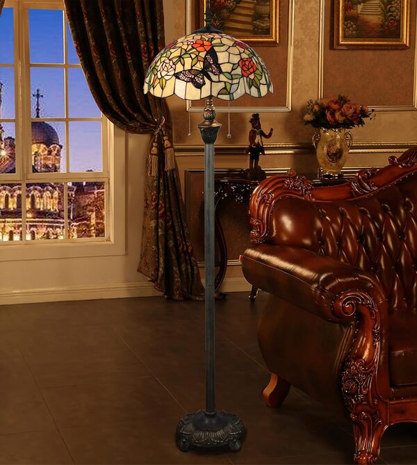 Tiffany Lampadaire jaune liaison vitrail - Lampe de lecture sur pied - 40,6 cm - Lampe d'angle antique - Décoration pour chambre à coucher, salon, bureau à domicile (A6) [Classe énergétique E]