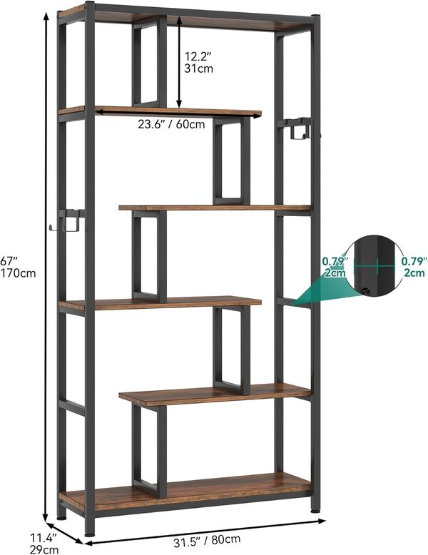 YITAHOME Bibliothèque, Étagère Haute à 6 Niveaux avec 4 Crochets, Meuble de Rangement au Sol, Étagère Industrielle avec Cadre en Acier, pour Salon Chambre à Coucher Bureau à Domicile, Marron Rustique