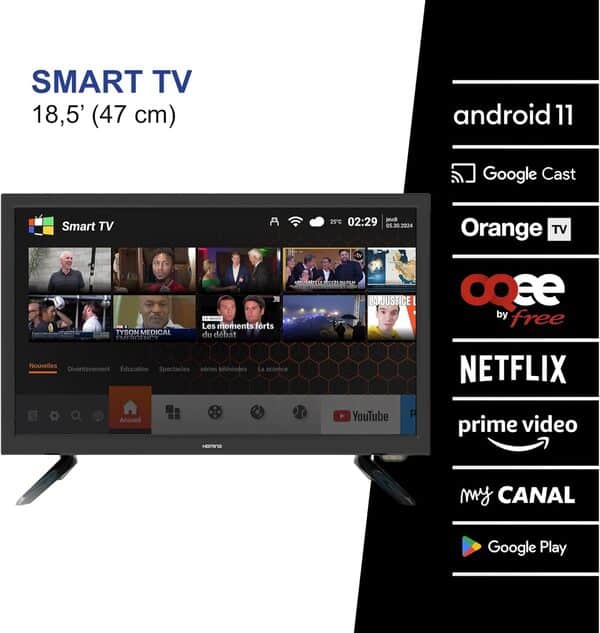 Heming Téléviseur Camping-Car 12V/24V/220V Smart TV Android 18,5