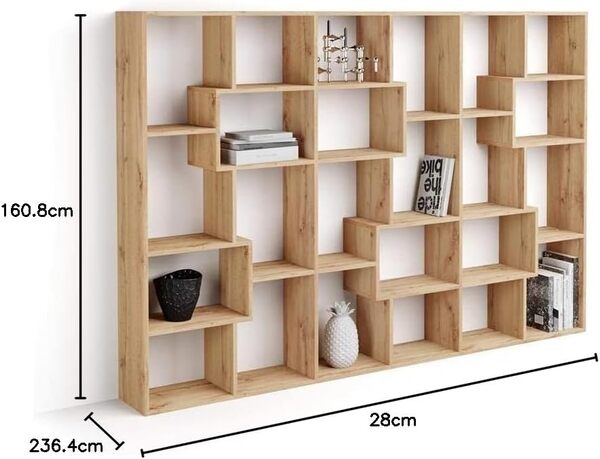 Mobili Fiver, Bibliothèque M Iacopo (160,8 x 236,4 cm), Bois Rustique, Étagère Bibliothèque pour Salon, Bureau, Made in Italy