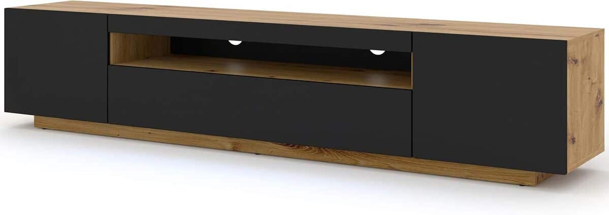Test : armoire TV Aura 200 cm, chêne artisanal et noir mat