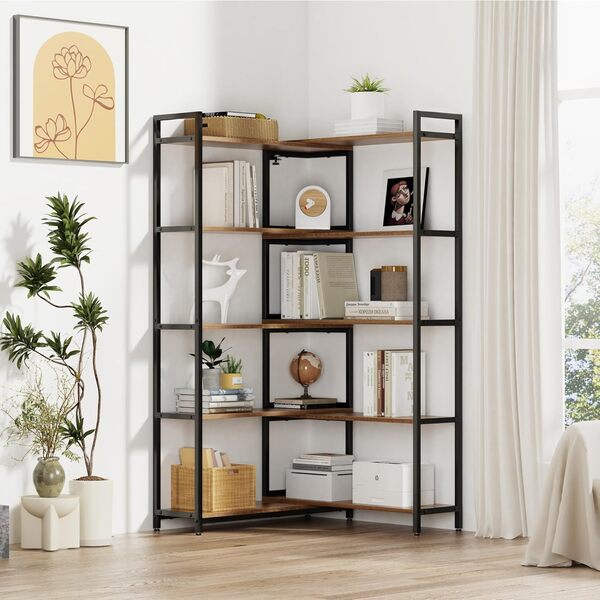 Mondeer Bibliothèque, Étagère de Rangement à 5 Niveaux, Style Industriel, Largeur Ajustable de 80 à 146 cm, pour Salon Bureau Balcon Cuisine, Marron Rustique 