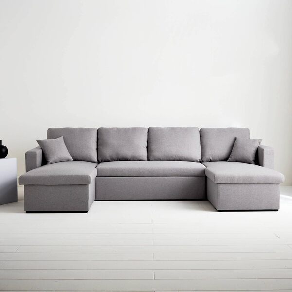 Alice's Home - Canapé panoramique Convertible en Tissu Gris Clair. 4 Places. Coffre Rangement. lit modulable