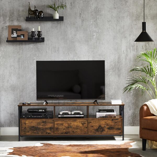 VASAGLE Meuble TV pour Télévision jusqu'à 65 Pouces, Support Télé, Longueur 147 cm, 3 Tiroirs, 3 Étagères, 40 x 147 x 50 cm, Salon, Chambre, Cadre en Acier, Marron Rustique et Noir LTV301B01