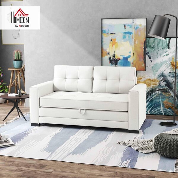 HOMCOM Canapé Convertible 2 Places canapé-lit avec Dossier capitonné, Coussins et Matelas Pliable au Sol, canapé en Tissu Effet Lin pour Salon, Chambre d'amis, 147,5 x 75 x 85 cm, Blanc