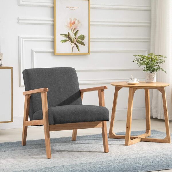 HOMCOM Fauteuil de Salon Fauteuil de Relaxation Fauteuil Simple pour Chambre Cadre en Bois hévéa Revêtement en Lin Gris foncé
