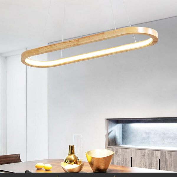 Suspension Lampes de Bureau de Table à Manger Suspension LED Plafonnier Dimmable 3000K-6500K Salon Décorer Lustre Moderne Ovale Design Luminaires Bureau Salle à Manger Lumière Pendant (Bois, L90CM) [Classe énergétique E]