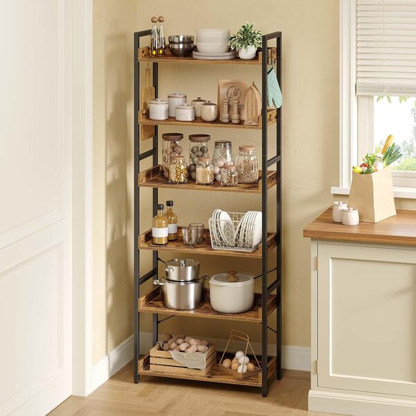 Rolanstar Bibliothèque industrielle à 6 niveaux avec 4 crochets, étagère de rangement vintage en bois avec étagères ouvertes, étagère rustique sur pied avec cadre en métal pour salon, chambre à