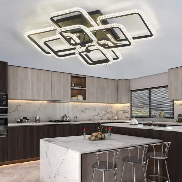 HIHIHOMY Plafonnier Led Salon, 41,3 Pouces Led Plafonnier Moderne Salon Lumiere Lustre Dimmable Avec Télécommande, Noir Plafonnier Moderne En Cristal Pour Luminaire De Salon Cadre 8 Carrés