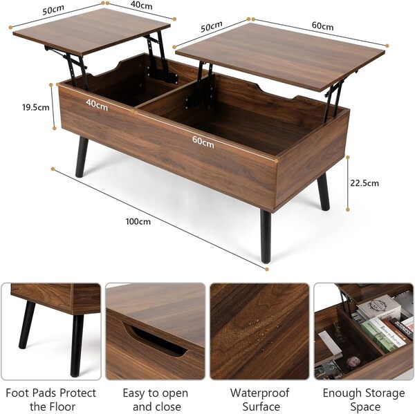 VOWNER Table Basse Réglable en Hauteur, Pull-Out, Table Basse Extensible, Compartiment de Rangement Séparé et Caché, Double Plateau Relevable, Noix Couleur