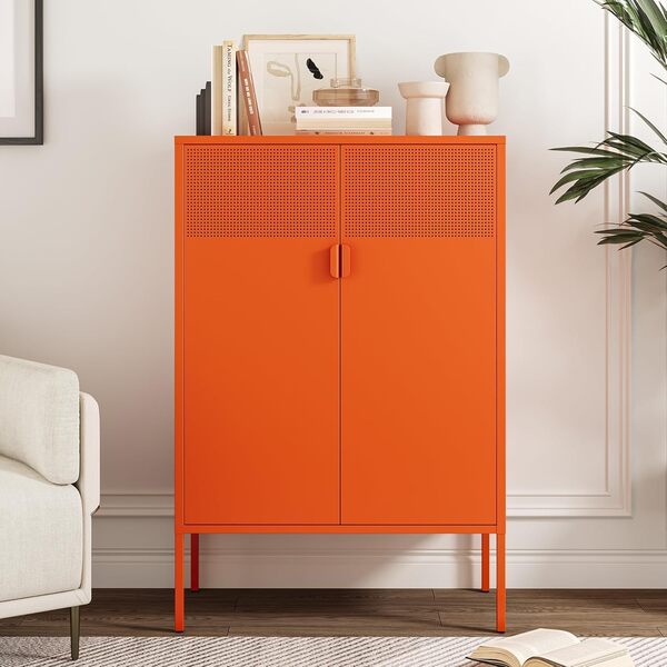 Armoire Metallique Rangement,Meuble Métallique Rangement à 2 Portes et 2 Étagères Réglables,Caisson de Bureau,Cadre en Acier,en Métal,Fermeture Magnétique,pour Bureau,Salon,40 x 80 x 120 cm,Orange