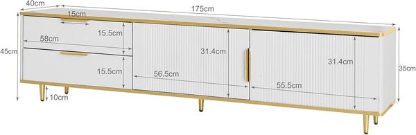 Meuble TV bas moderne, 4 compartiments de rangement, poignées et pieds dorés, design élégant, structure marbrée pour le salon, blanc, 175 x 40 x 45 cm