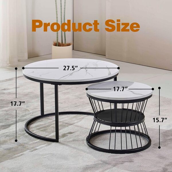 Lot de 2 tables basses gigognes rondes noires pour salon, table d'appoint moderne avec cadre en métal robuste, table basse noire pour chambre à coucher, balcon, décoration d'intérieur