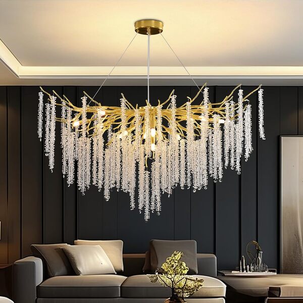 AHXIAOZN Lustre en Cristal Moderne,G9*12 Luxe Lampe à Pendentif en Cristal Rond,Postmoderne Chandelier pour salle à manger, cuisine, salon, chambre, couloir, café, bar(Doré,G9*12,120cm) [Classe énergétique A]