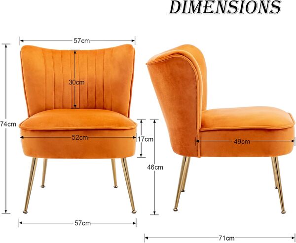 chairus Lot de 2 Chaise de Salon en Velours Fauteuil de Chambre Comfortable Chaise Rembourrée Canapé 1 Place (Orange-2 Pieces)