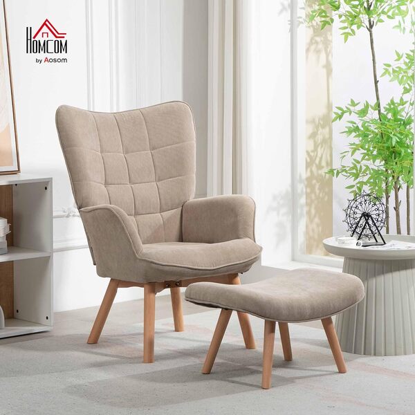 HOMCOM Fauteuil avec pouf, fauteuil à oreilles avec dossier haut, pieds en bois, fauteuil lounge au design tufté, aspect velours côtelé, pour le salon, marron clair
