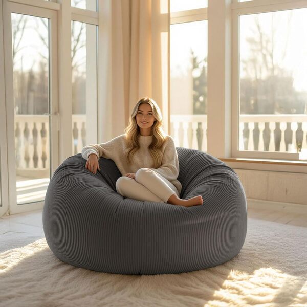 LIVEDECO - Pouf Rond XXL, Déhoussable avec Billes, Velours Côtelé Ultra Doux Gris, Intérieur pour Salon, Chambre - Titan