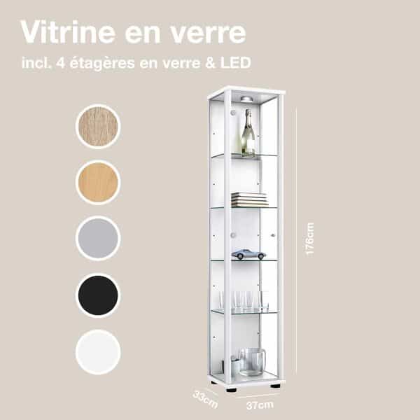 Vitrine en Verre pour Collection (176x37x33cm) - Fabriqué en Allemagne - Armoires vitrées de présentation Blanc avec 4 étagères en Verre réglables & LED - Meuble vitrine Collection Figurine