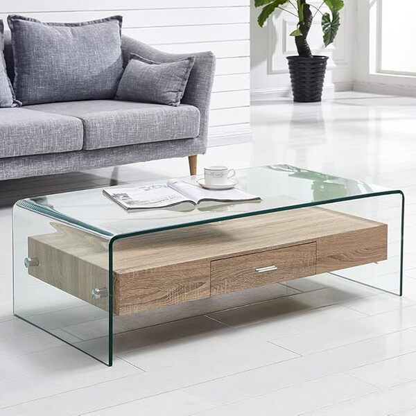 Meubletmoi Table Basse rectangulaire en Verre trempé et Caisson avec tiroir en Bois MDF - Design Contemporain - Ice, 54.99D x 110.01W x 35H cm, Transparent
