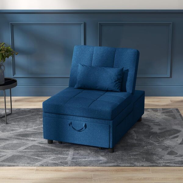 HOMCOM Fauteuil Convertible 1 Place Fauteuil lit chauffeuse 1 Place Multifonction 3 en 1 avec Dossier réglable, siège rembourré et Oreiller, canapé-lit pour Salon, Chambre, Bureau à Domicile, Bleu