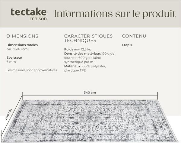 TecTake® Tapis Salon Vintage Tapis Chambre Tapis Salle à Manger Antidérapant & Lavable 240x340cm Poils Ras idéal Décoration Salon, Bureau, Chambre, Cuisine, Dressing, Descente de lit