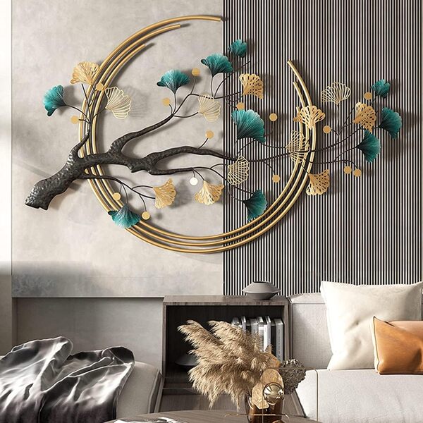 Ainydie Créatives Décoration Murale Feuille de Ginkgo en Métal à La Main, Moderne Luxe Sculpture Murale en Métal, Tenture Murale Intérieure pour Salon Chambre à Coucher Hôtel,110x68cm