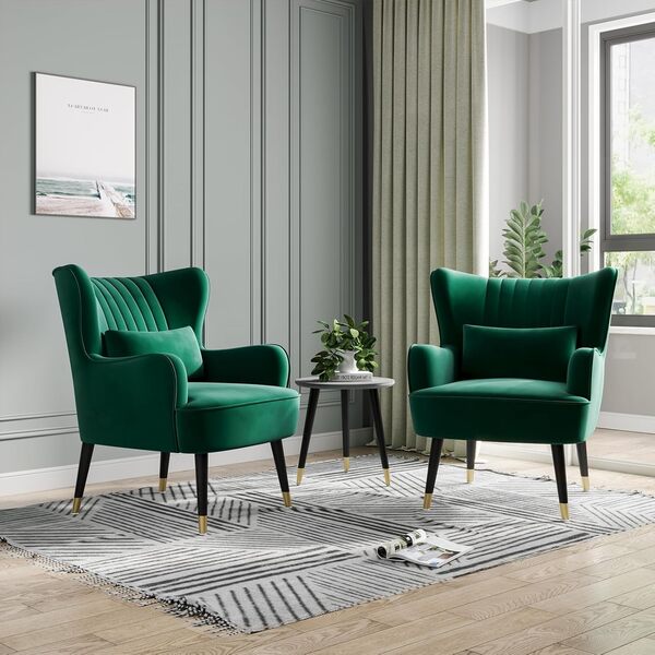 Vesgantti Fauteuil en Velours, Chaise Longue Relax Moderne avec Pied en Bois, Fauteuils Lounge avec accoudoirs, Fauteuil à Oreilles pour Salon Chambre à Coucher