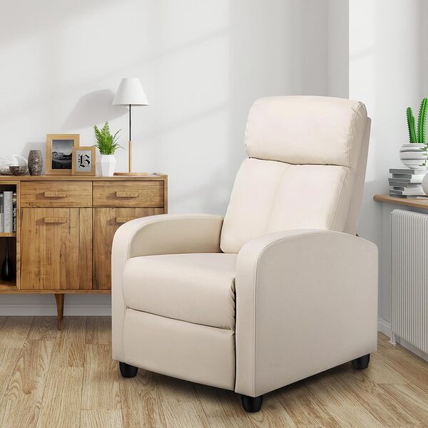 Yaheetech Fauteuil de Relaxation Petit Canapé Inclinable en Similicuir en 3 Positions 1 Place avec Repose-Pied, pour Salon Chambre Bureau Home cinéma, 85 × 67 × 99,5 cm, Jusqu’à 120 kg, Beige