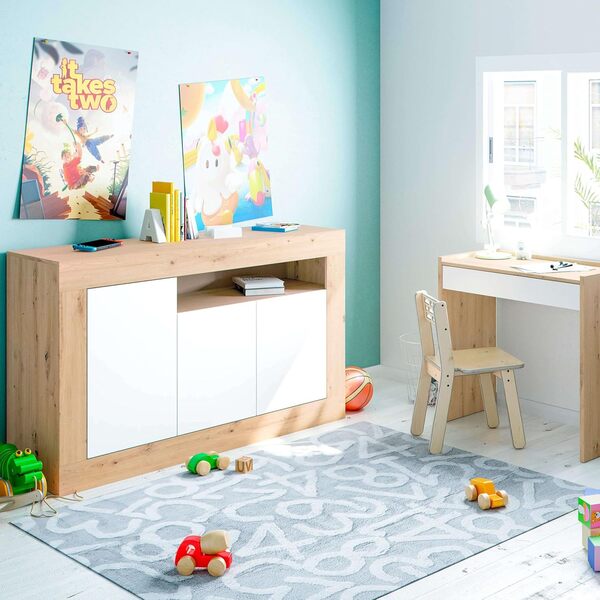 Habitdesign Modèle Baltik Buffet 3 portes pour salon, armoire d'appoint, finition blanche « Artik » et chêne « Nodi », dimensions : 144 x 87 x 42 cm (l x H x P).