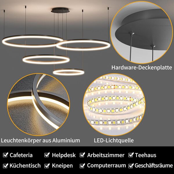 Mikeru Luminaires Suspendus Pour Le Salon, 30+40+60+80cm Lampe Pendante Ajustable 4 Anneaux Avec Fonction Mémoire Lampe Pendante Linéaire Dimmable 10%-100% 3000k/4500k/6000k Pour Salle D'exposition [Classe énergétique E]