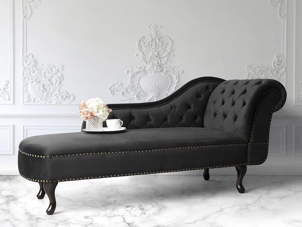 Chaise Longue Côté Droit Méridienne en Velours Noir Glamour Elégant Salon Nimes