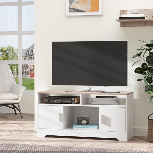 HOMCOM Meuble TV Banc TV en Bois Grand Espace de Rangement avec 2 Compartiments Ouverts 2 armoires à Porte Une Armoire Ouverte 105 x 40 x 52 cm Effet Bois Blanc