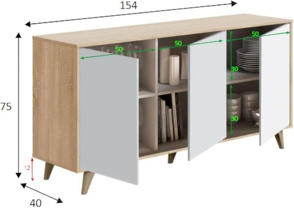 Dmora - Buffet Arvada de Cuisine, Armoire Design de Salon Moderne Avec 3 Portes et Étagères, 154x40h75 cm, Chêne et Blanc