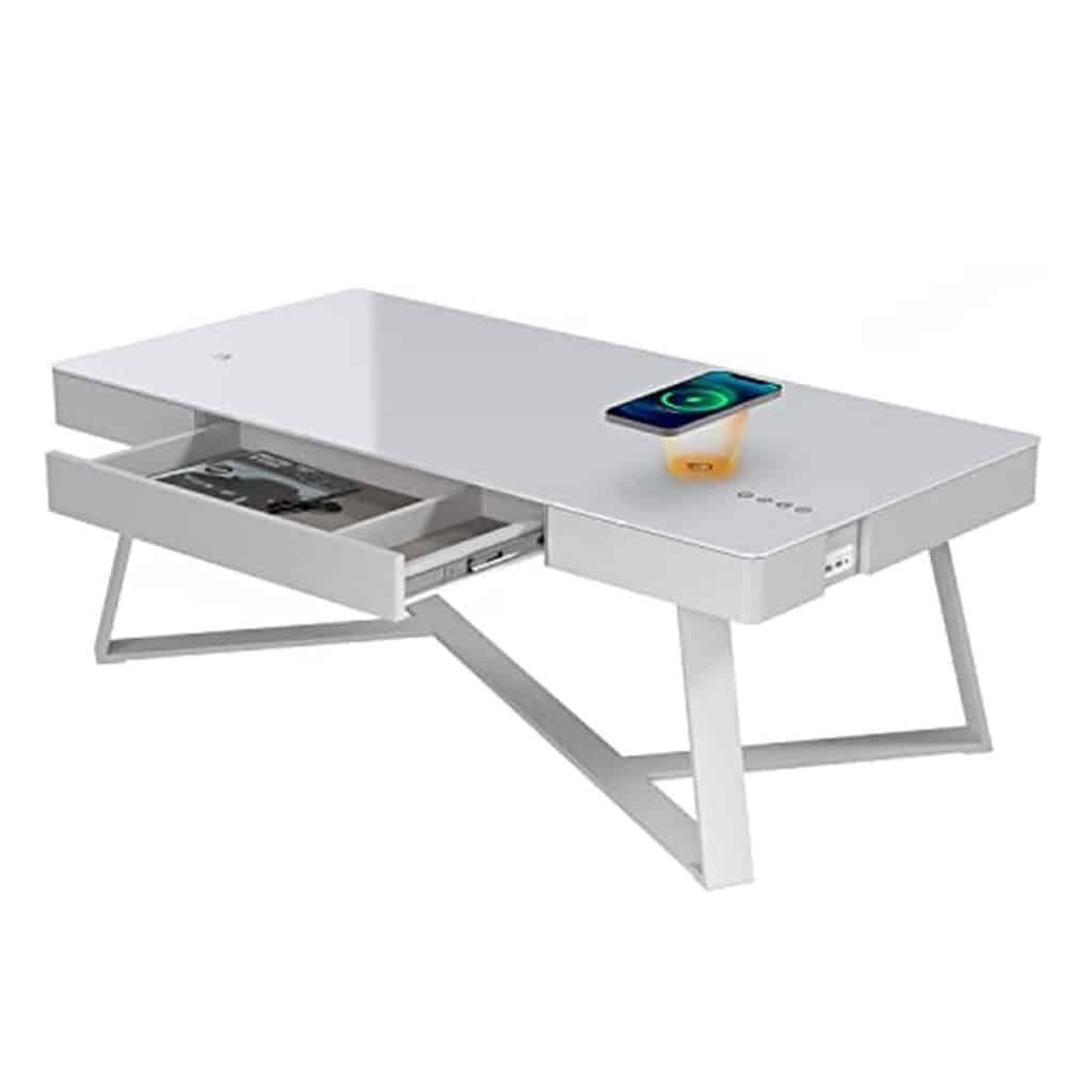 Test : atlasio table basse connectée avec enceintes Bluetooth et chargeur sans fil